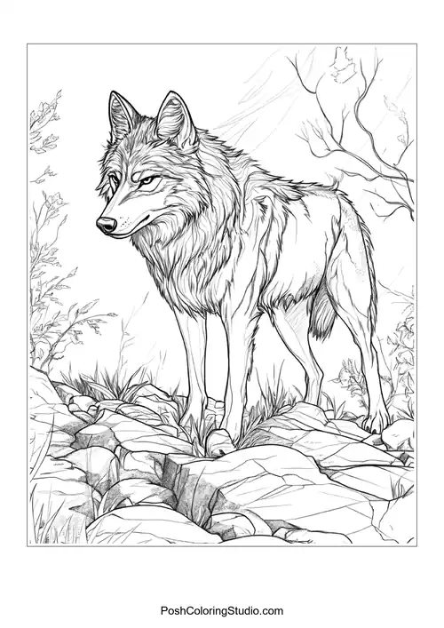 A wolf with a focused expression, standing in a forest.