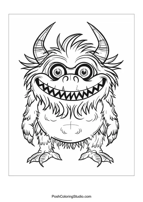 A monster with spiky hair and a wide grin stands confidently.