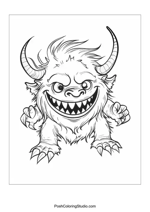 A fluffy monster with a big smile and sharp teeth poses adorably.