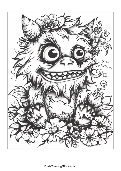 A monster with a round body and a wide grin stands with arms raised.