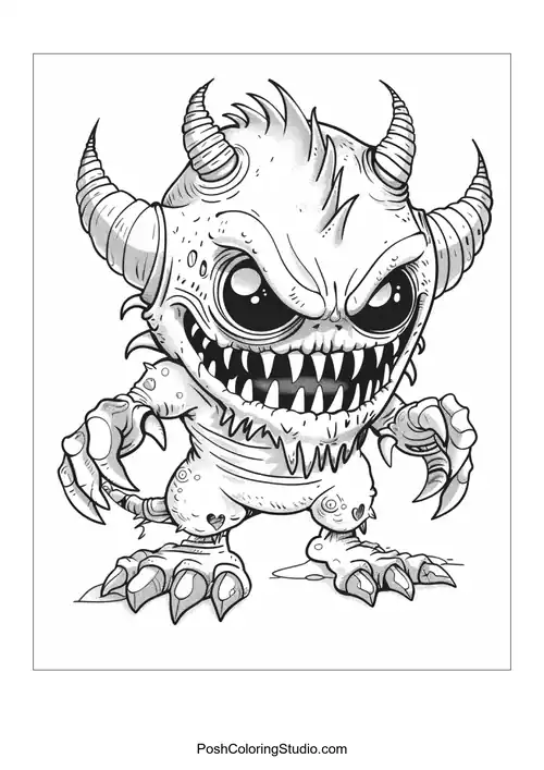 A monster with a toothy grin and spiky hair stands cheerfully.