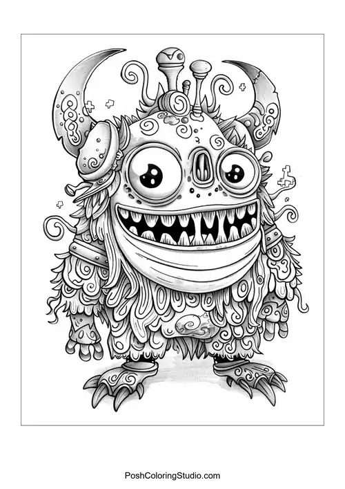 A fluffy monster with a wide smile and sharp claws poses playfully.