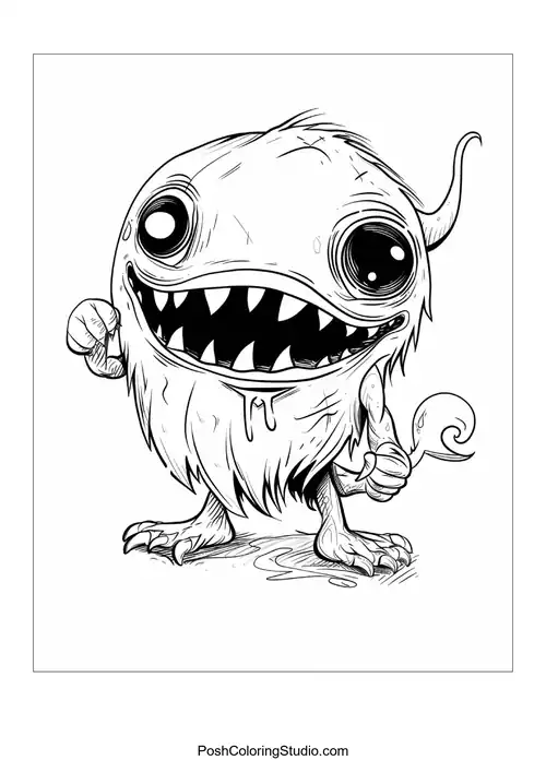 A monster with a round body and a small creature on its belly smiles.