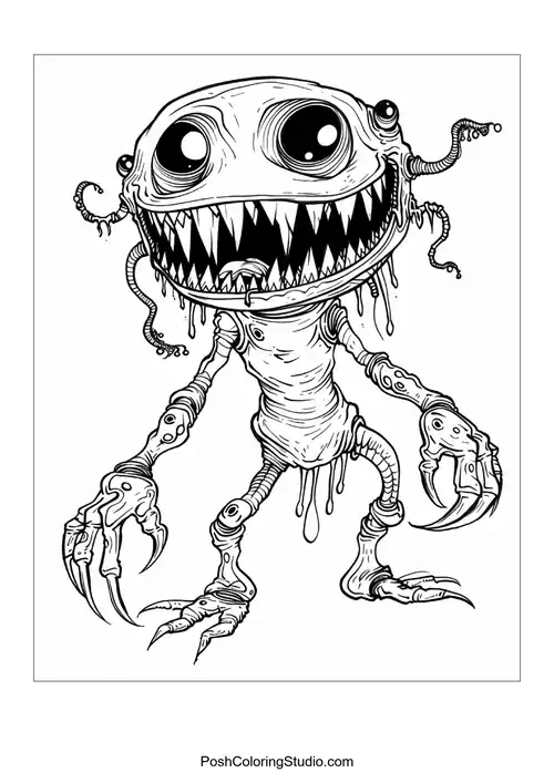 A monster with spiky hair and a toothy grin stands confidently.