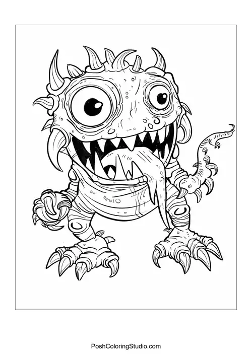 A small, furry monster with big eyes and a toothy smile stands cutely.