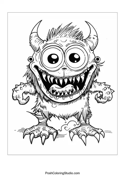 A monster with a fluffy body and large eyes grins widely.