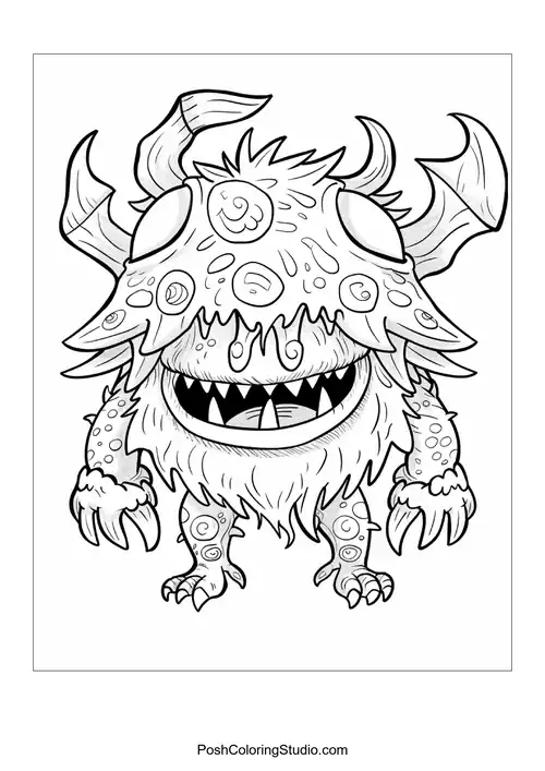 A monster with multiple eyes and a furry body smiles mischievously.