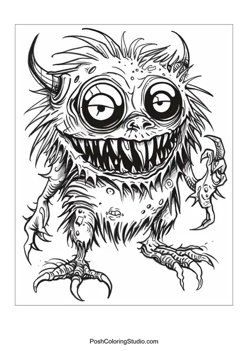 A monster with a round body and a wide grin stands with arms raised.