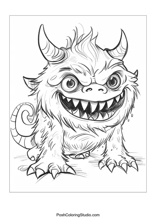 A fluffy monster with a big smile and sharp teeth poses adorably.
