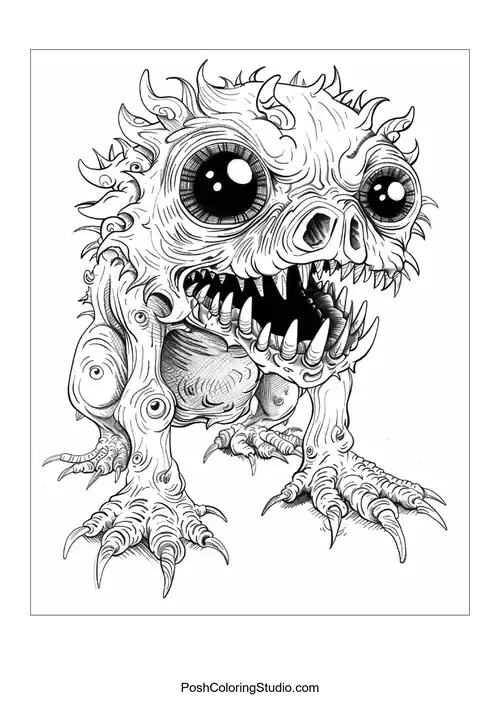 A monster with a round body and a wide grin stands proudly.