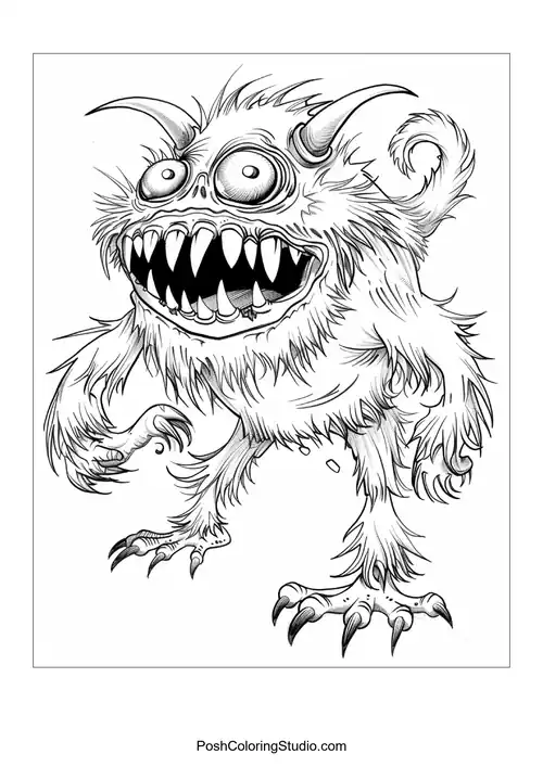 A fluffy monster with a wide smile and sharp teeth poses playfully.