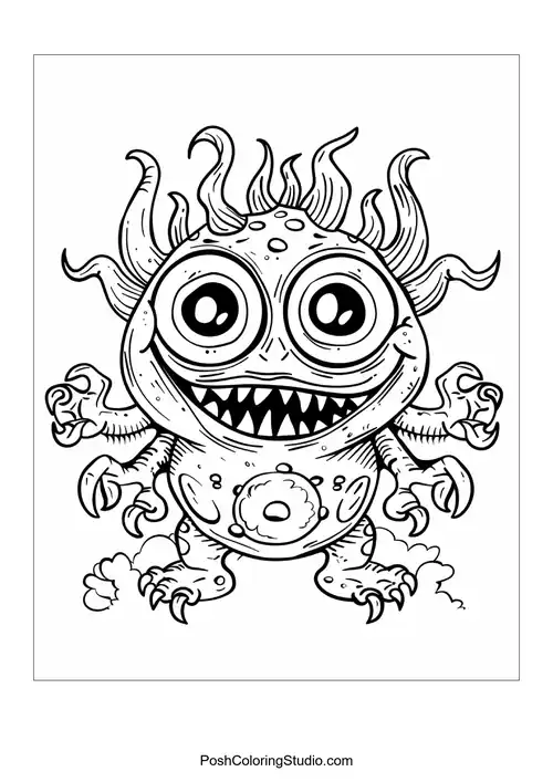 A monster with a round body and a small creature on its belly smiles.