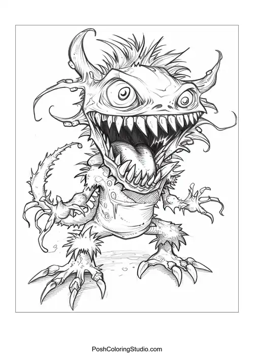 A monster with spiky hair and a toothy grin stands confidently.