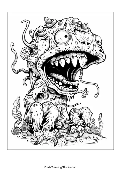 A small, furry monster with big eyes and a toothy smile stands cutely.