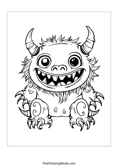 A monster with a fluffy body and large eyes grins widely.