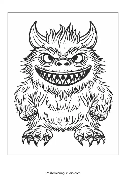 A monster with a round body and a wide grin stands with arms raised.