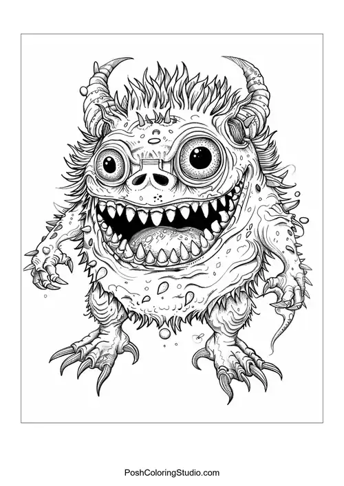 A fluffy monster with a big smile and sharp teeth poses adorably.