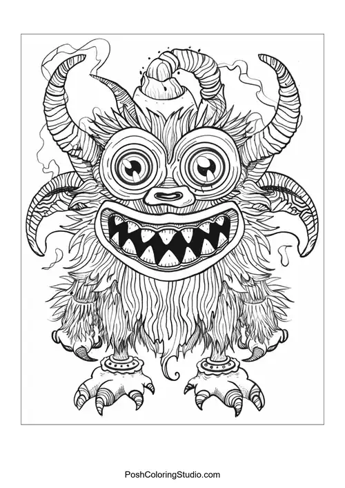 A monster with a round body and a small creature on its belly smiles.