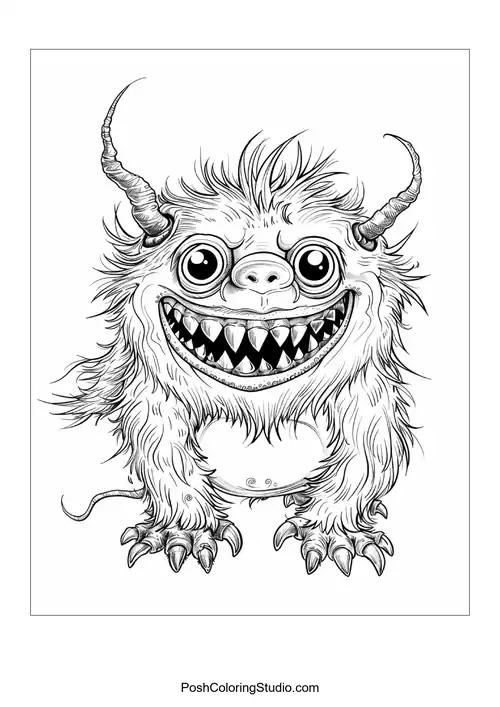 A small, furry monster with big eyes and a toothy smile stands cutely.