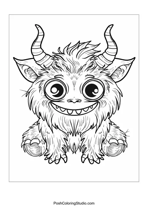 A monster with a round body and a wide grin stands with arms raised.