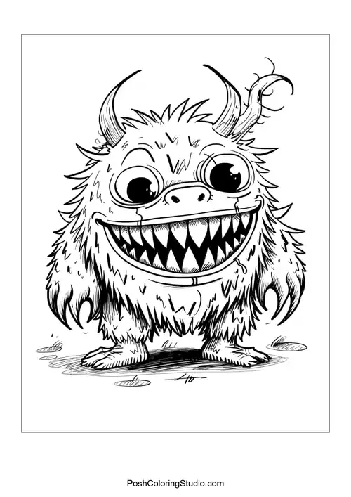 A monster with a toothy grin and spiky hair stands cheerfully.