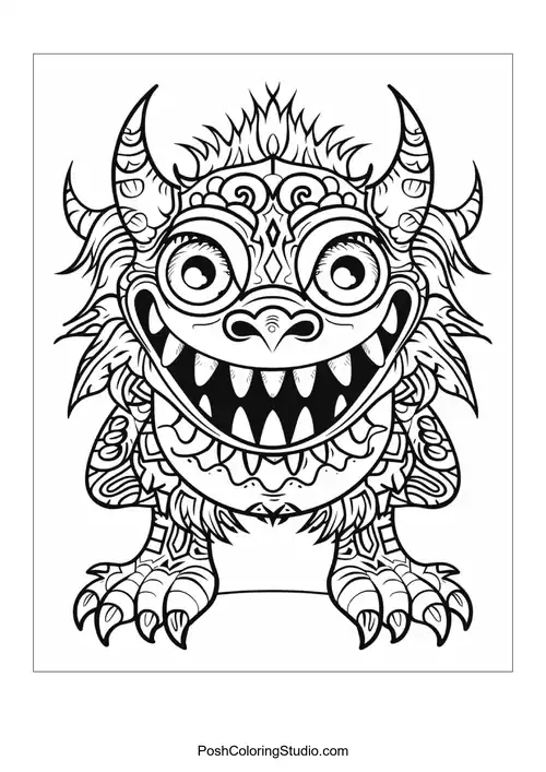 A monster with spiky hair and a toothy grin stands confidently.