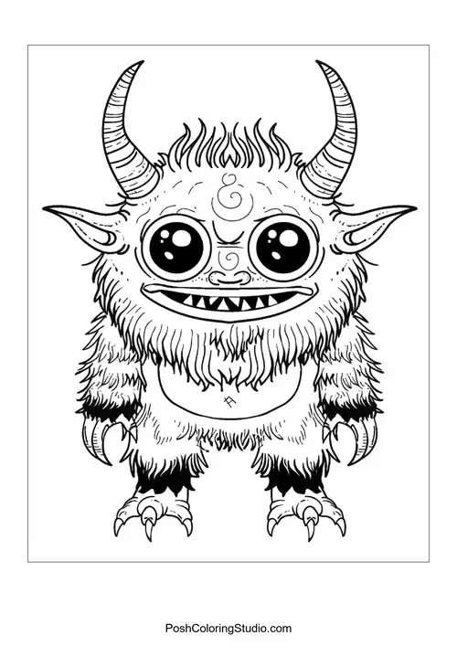 A monster with a round body and a wide grin stands with arms raised.