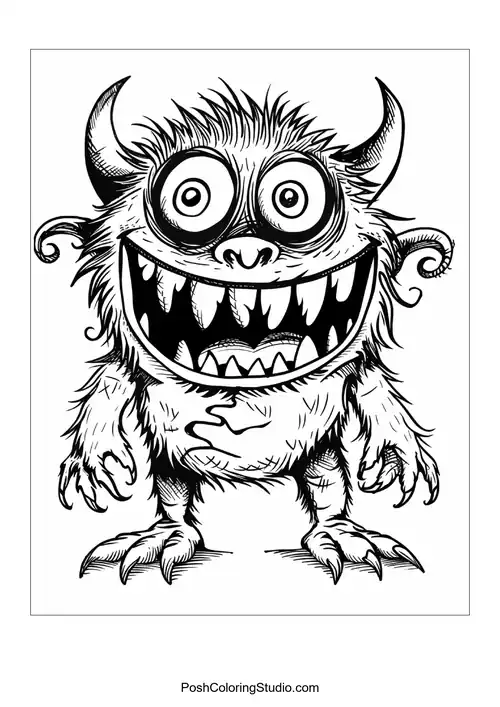 A furry monster with a wide grin and sharp claws poses playfully.