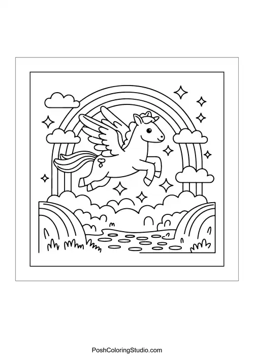 A flying unicorn with a rainbow in the background.