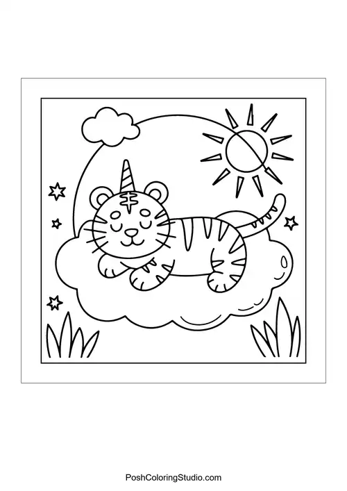 A unicorn with a horn resting on a cloud.