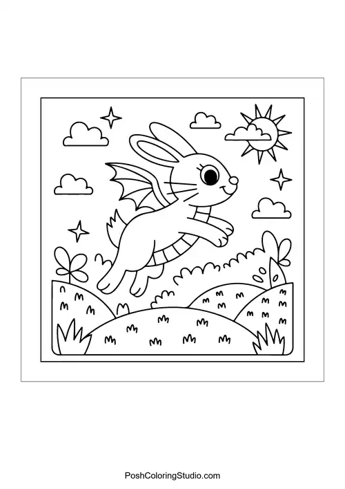 A bunny with wings hopping through a sunny field.