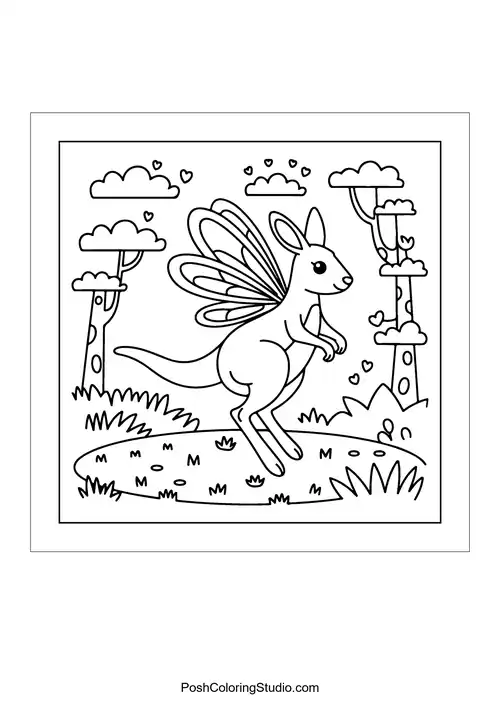 A kangaroo with wings jumping in a forest setting.