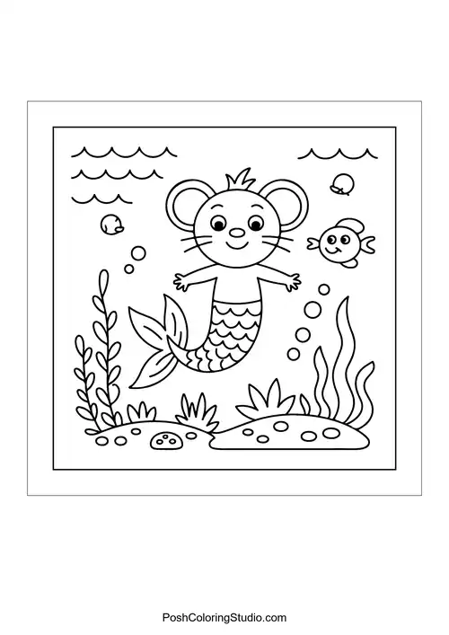 A mouse mermaid swimming with fish in a colorful scene.