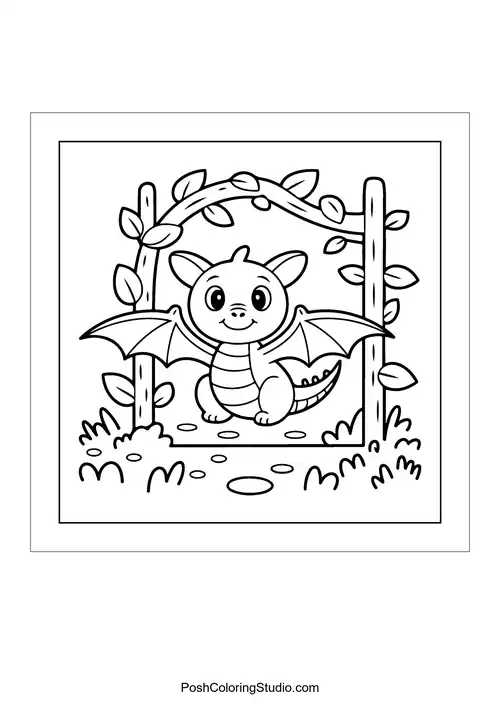 A dragon perched on a tree branch with a friendly smile.
