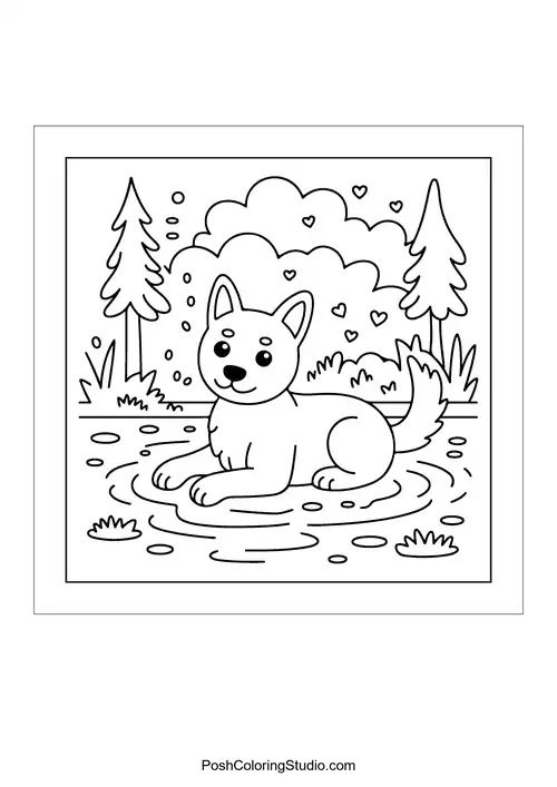 A dog lounging by a pond surrounded by trees and hearts.