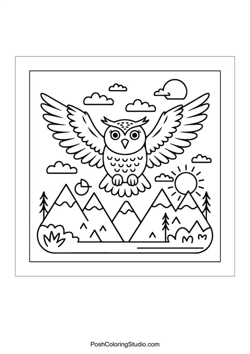 An owl soaring over mountains with a sun in the sky.