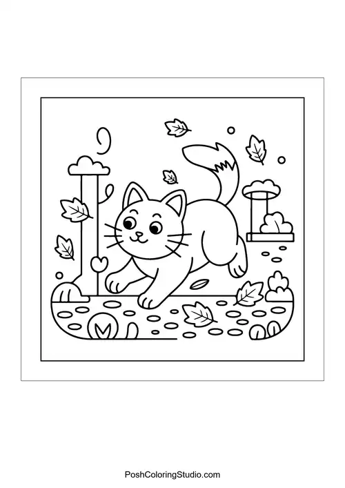 A cat playing in autumn leaves with mushrooms nearby.