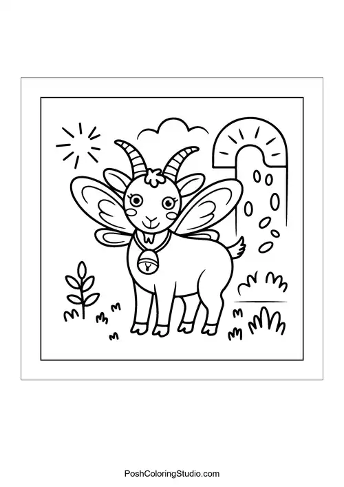 A goat with butterfly wings standing in a sunny field.