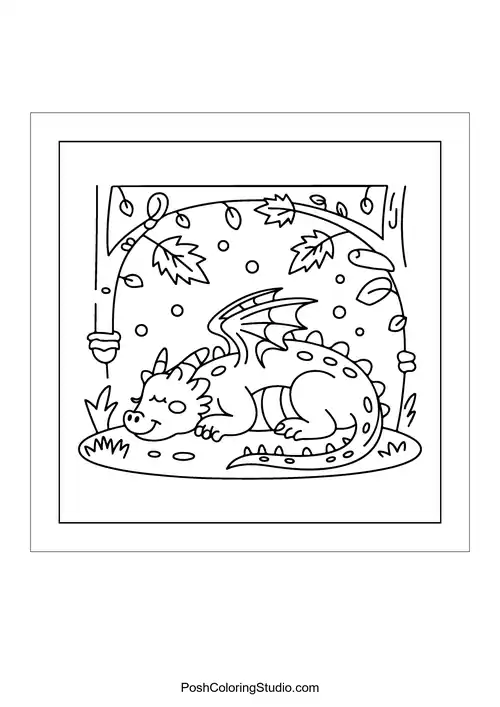 A sleeping dragon nestled under leafy vines.