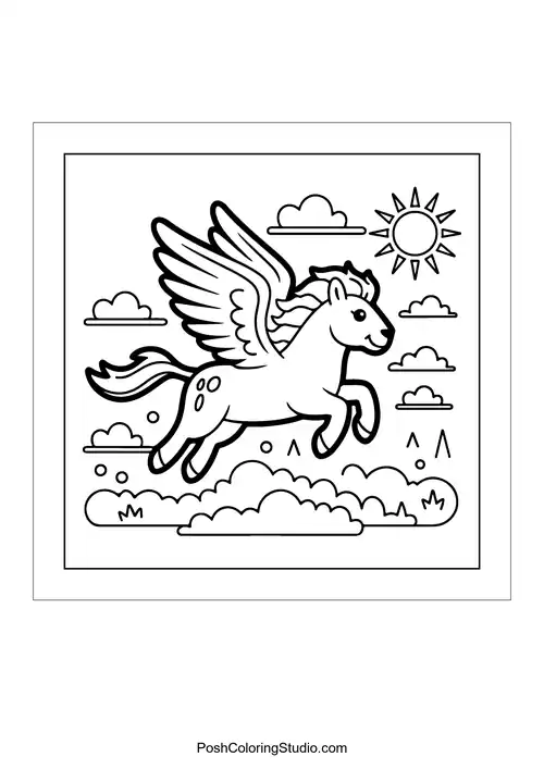 A winged horse flying through a bright sky.