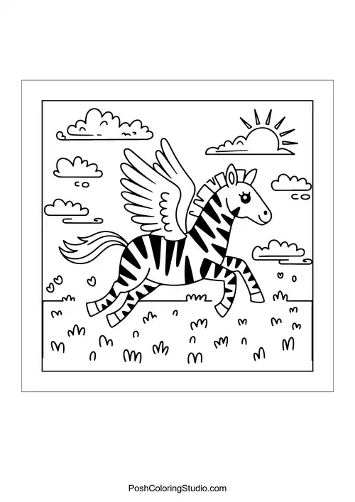 A winged zebra galloping across a grassy field.
