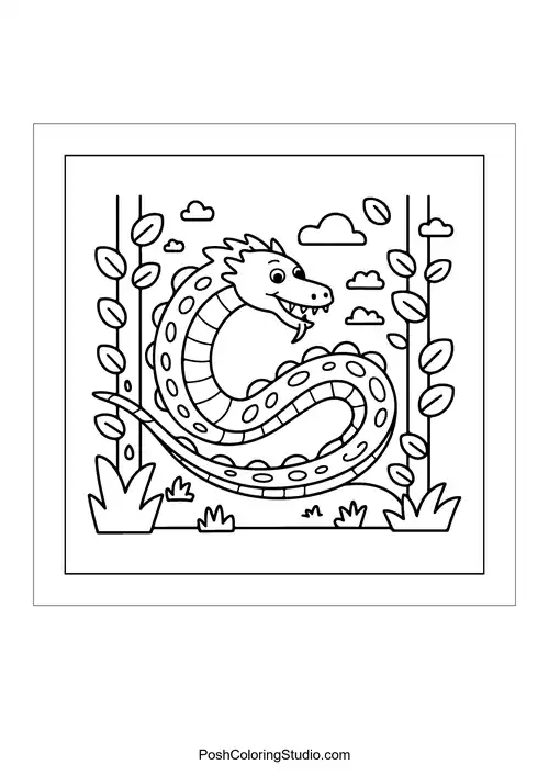 A dragon coiled among plants with a fierce expression.