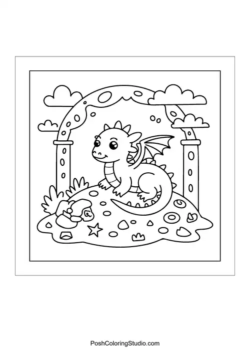 A dragon holding a flower in a garden.