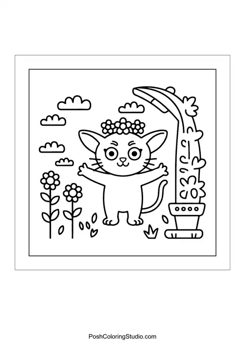 A cat with large eyes and flowers, near a watering can.