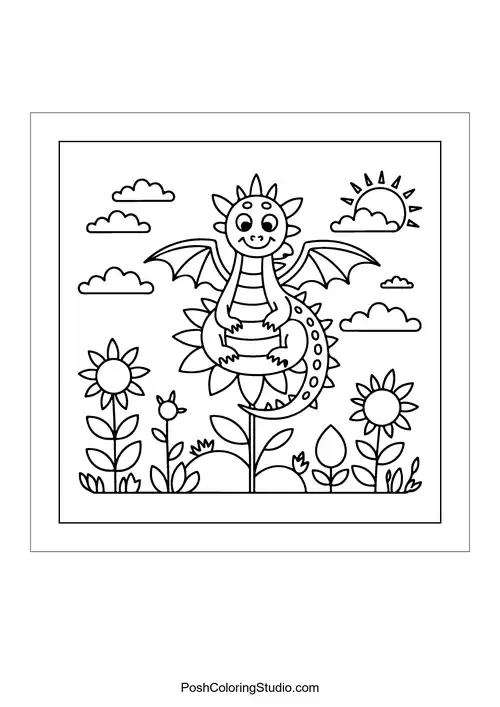 A dragon resting on a hilltop with a sunny sky.