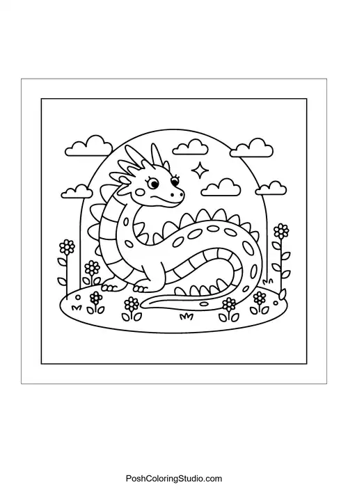 A dragon coiled among flowers with a starry background.