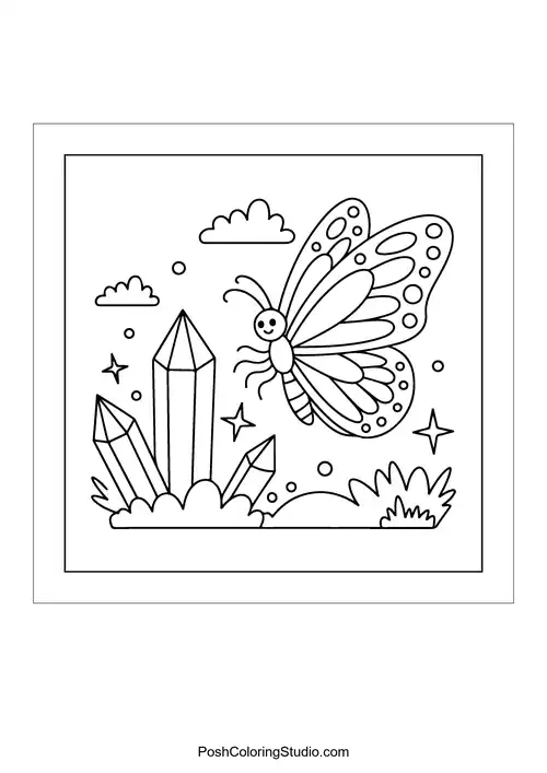 A butterfly flying near crystals and sparkling stars.