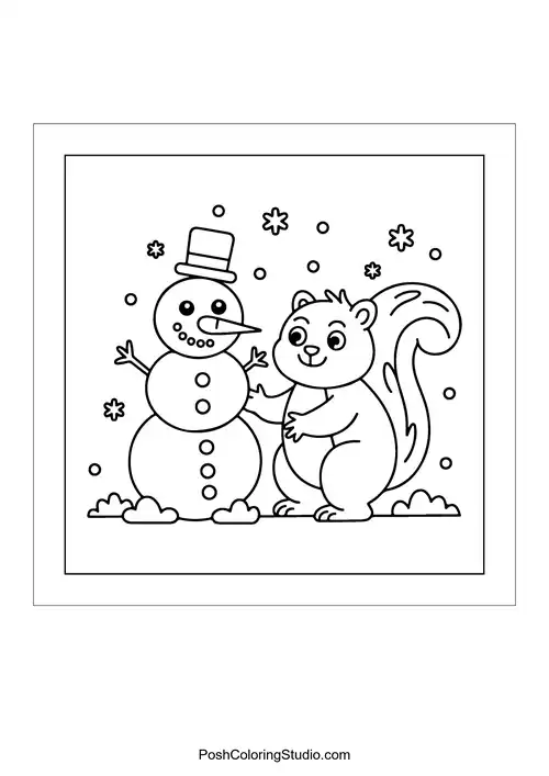 A squirrel interacting with a snowman in a snowy scene.