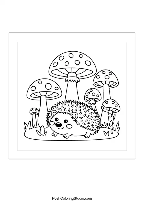 A hedgehog among mushrooms in a whimsical forest.