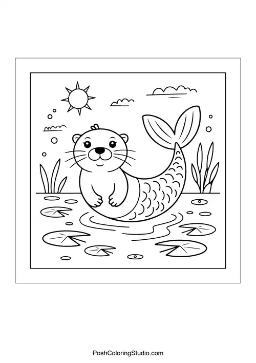 An otter swimming in a pond with lily pads.